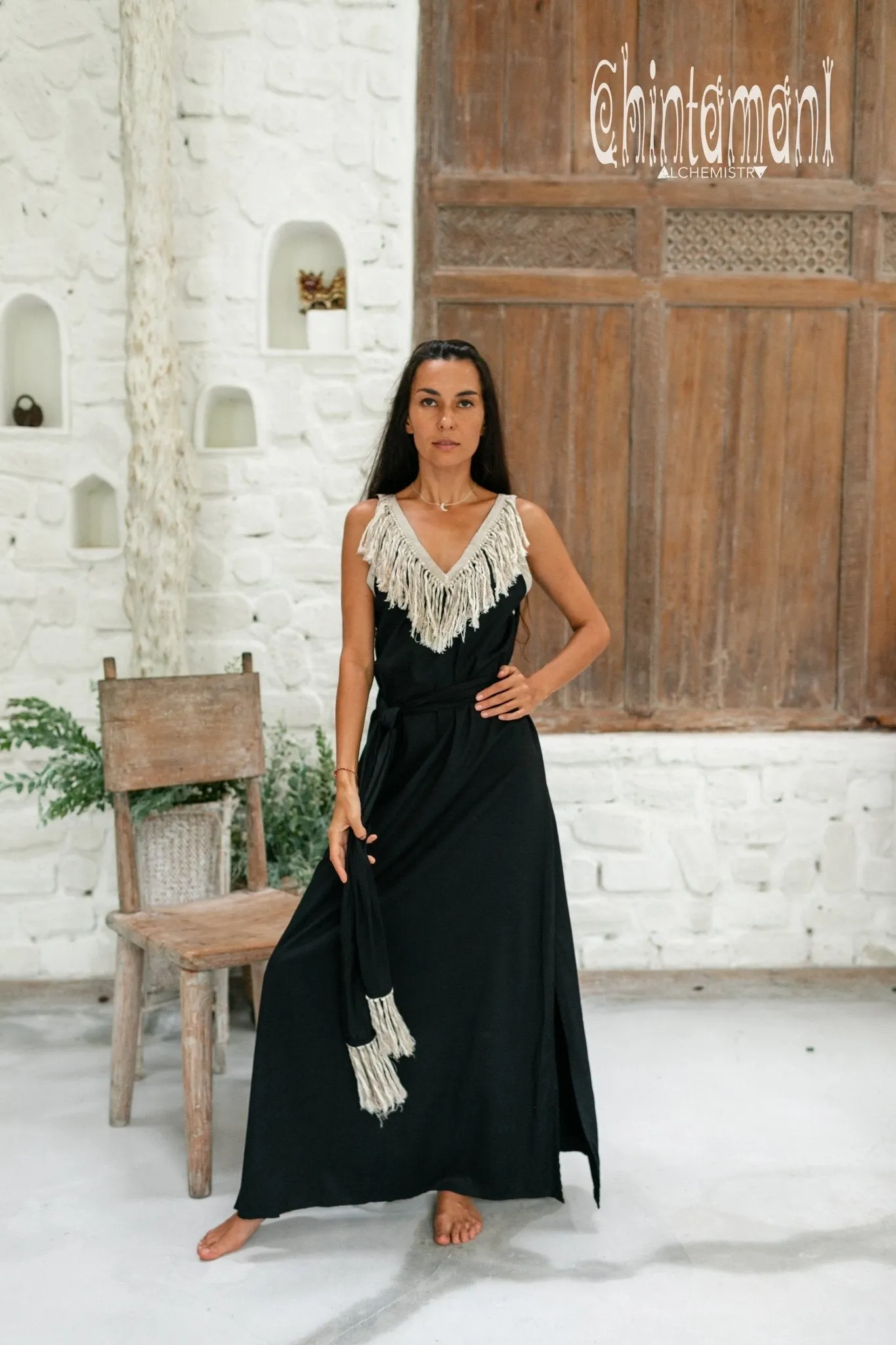 Cotton Boho Fringe Dress for Women / Black