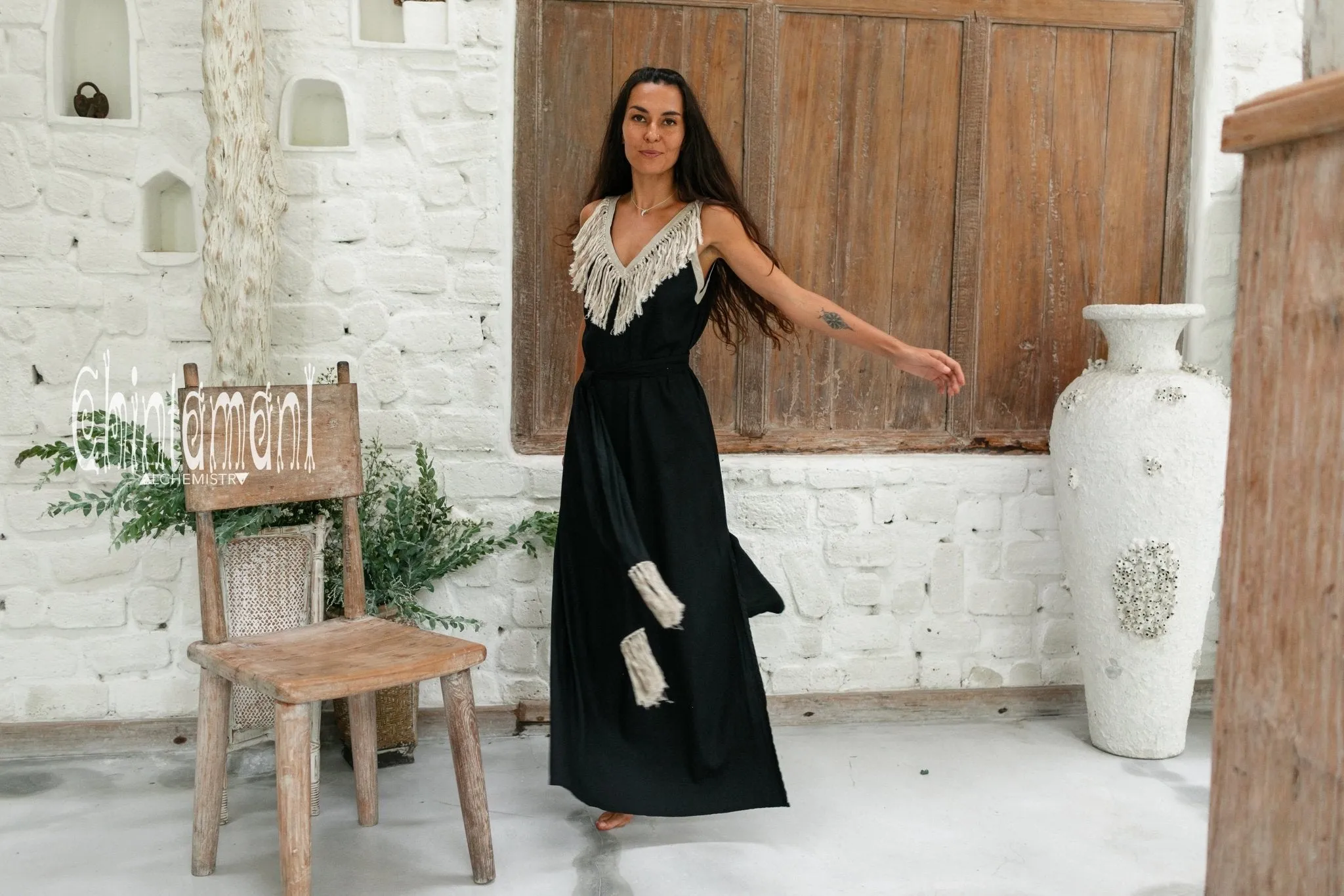 Cotton Boho Fringe Dress for Women / Black