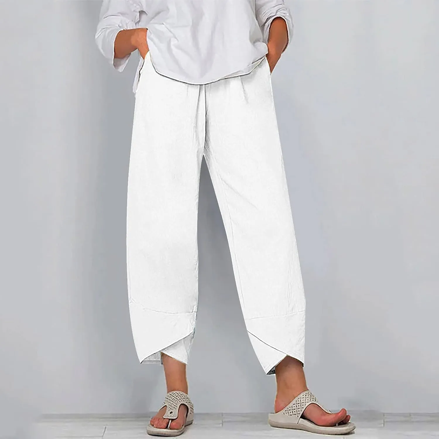 Cotton Linen Capri Pants for Women 2025 Casual Printed Cropped Palazzo Pants Elastic Waist Lounge Baggy Trousers