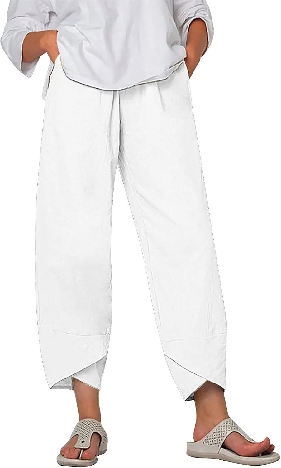 Cotton Linen Capri Pants for Women 2025 Casual Printed Cropped Palazzo Pants Elastic Waist Lounge Baggy Trousers