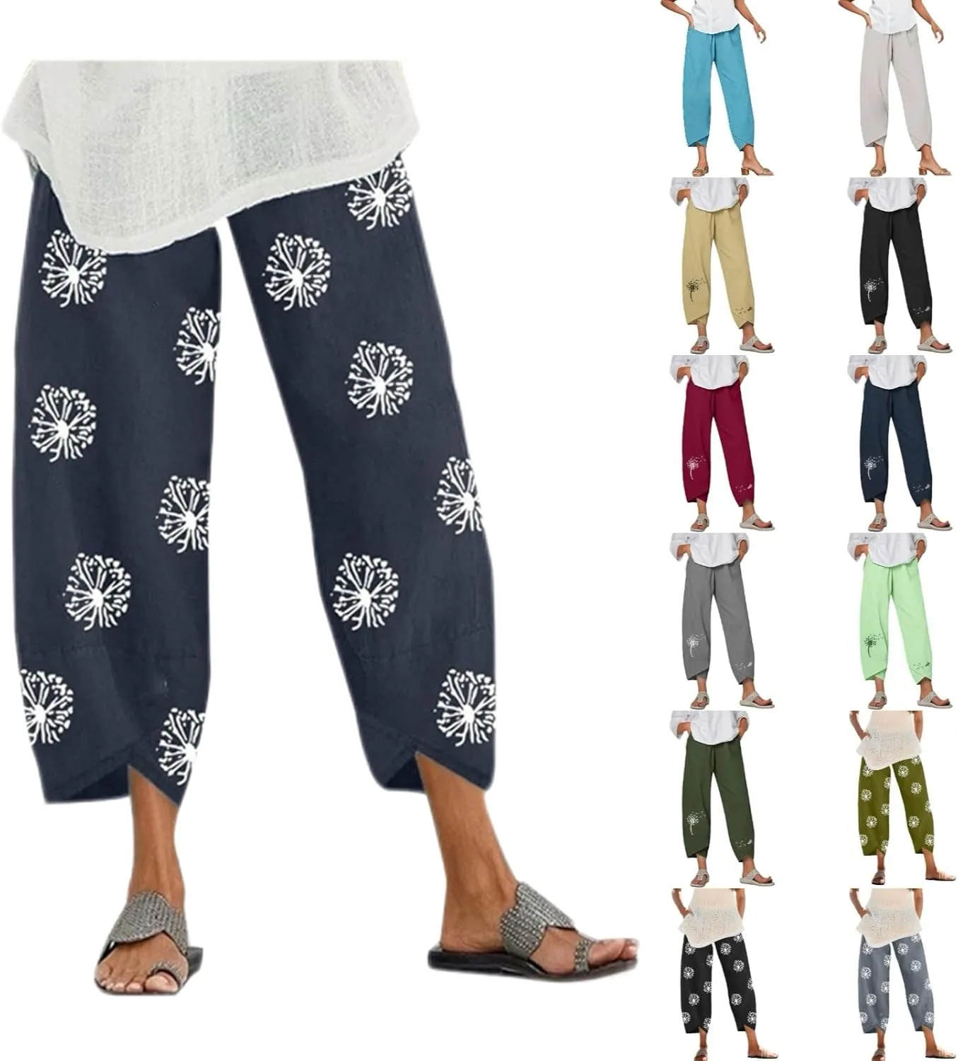 Cotton Linen Pants for Women Wide Leg Elastic Waist Printed Capri Pant Casual Loose Summer Cropped Trousers with Pockets