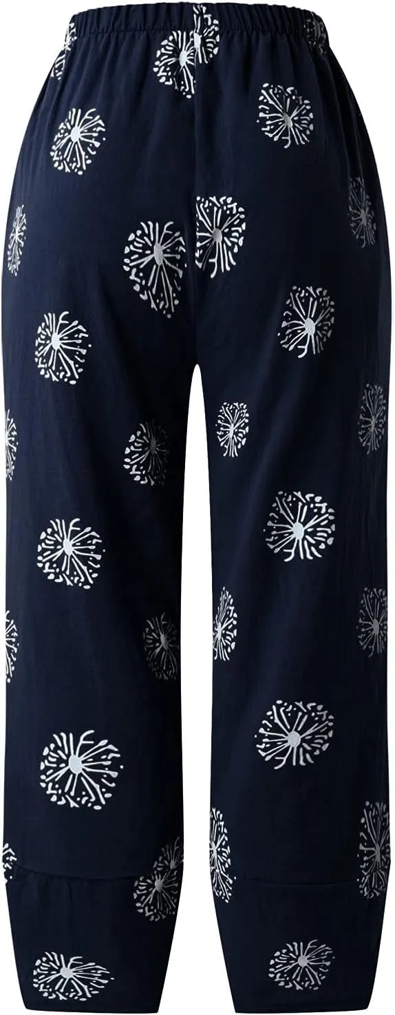 Cotton Linen Pants for Women Wide Leg Elastic Waist Printed Capri Pant Casual Loose Summer Cropped Trousers with Pockets