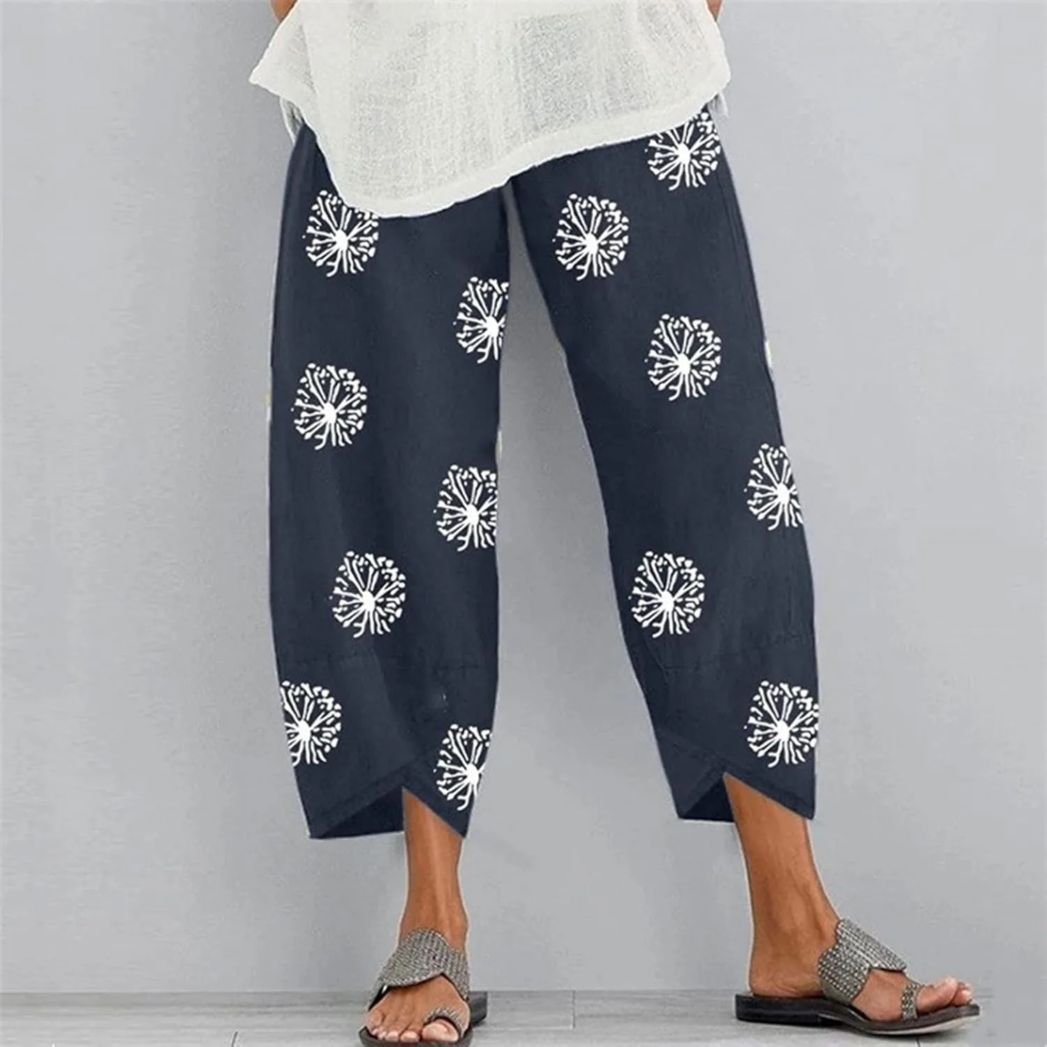 Cotton Linen Pants for Women Wide Leg Elastic Waist Printed Capri Pant Casual Loose Summer Cropped Trousers with Pockets