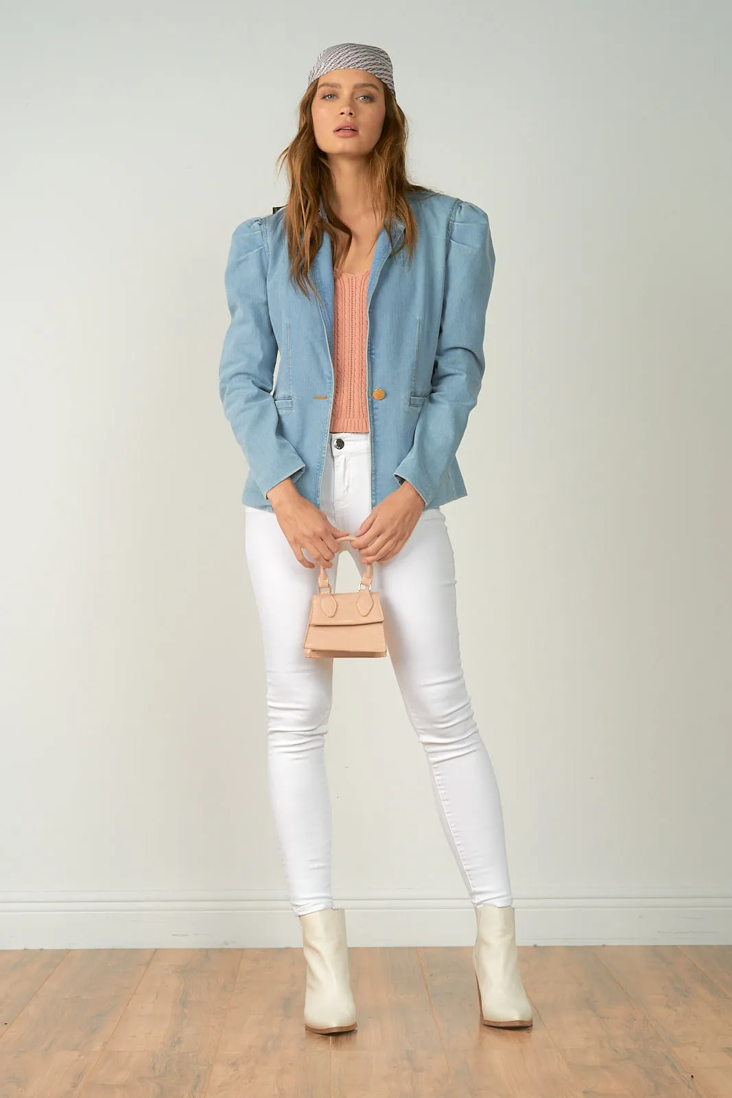 Elan Puff Sleeve Light Denim Blazer