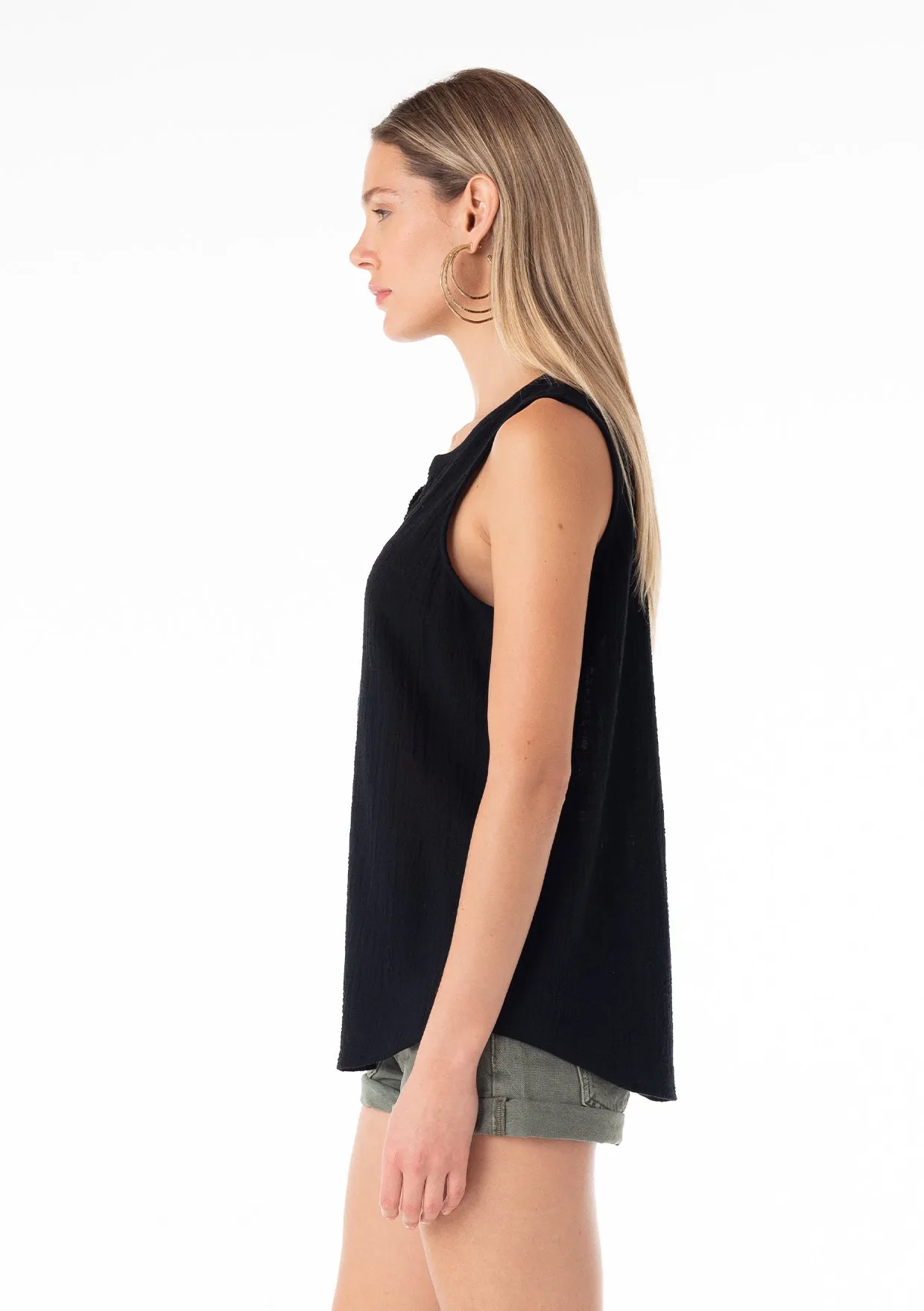 Embroidered Split Neck Sleeveless Top
