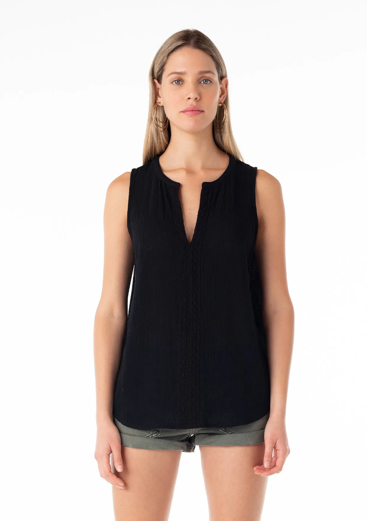 Embroidered Split Neck Sleeveless Top