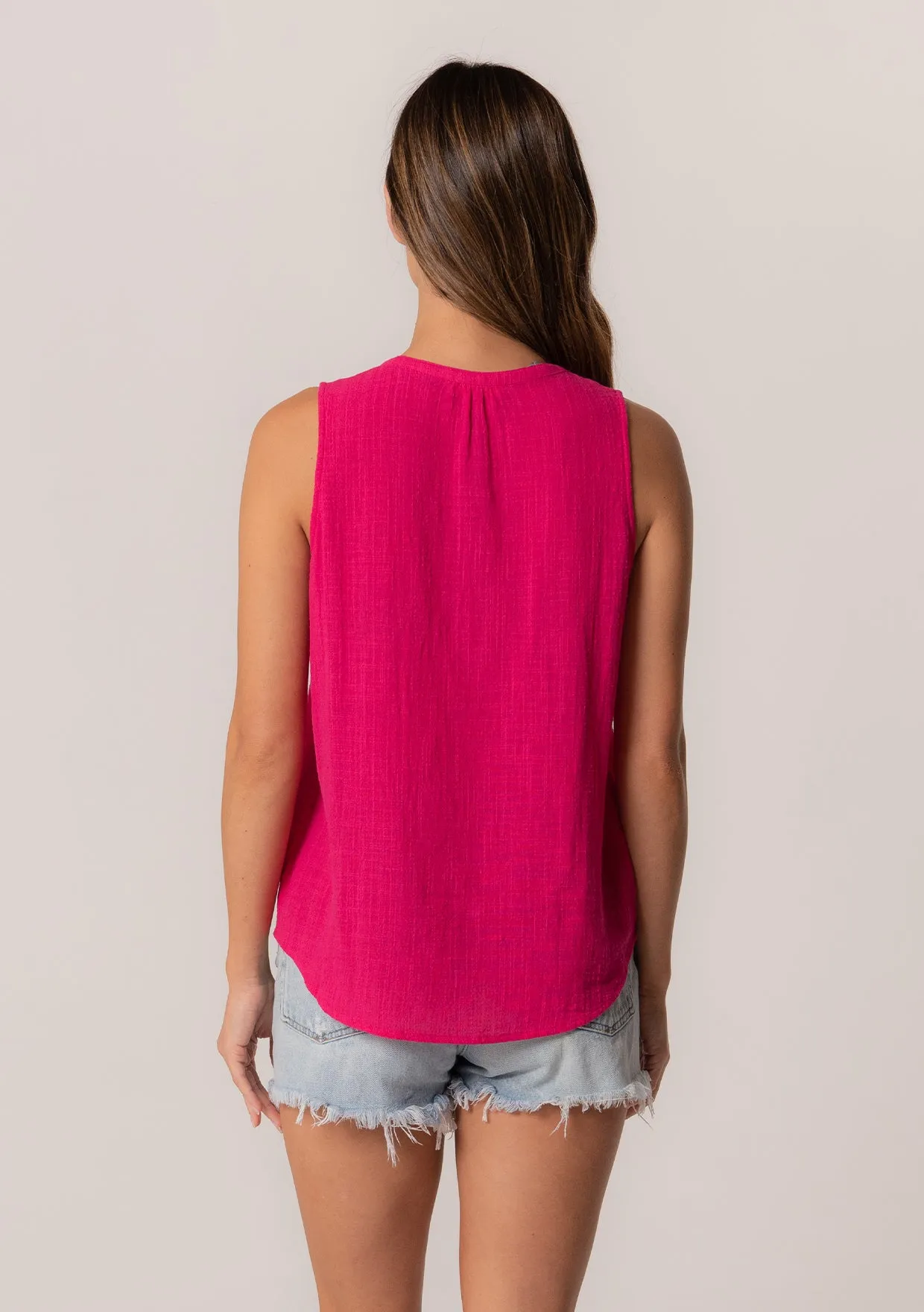 Embroidered Split Neck Sleeveless Top