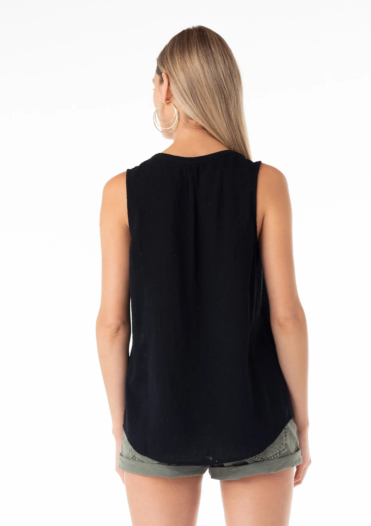 Embroidered Split Neck Sleeveless Top