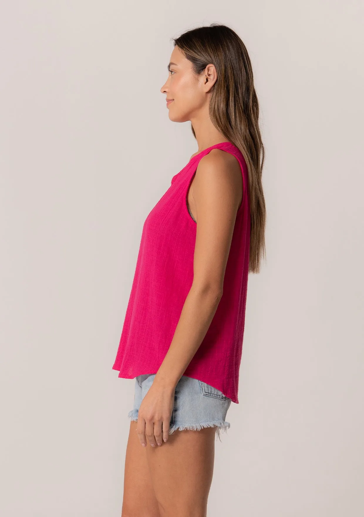 Embroidered Split Neck Sleeveless Top