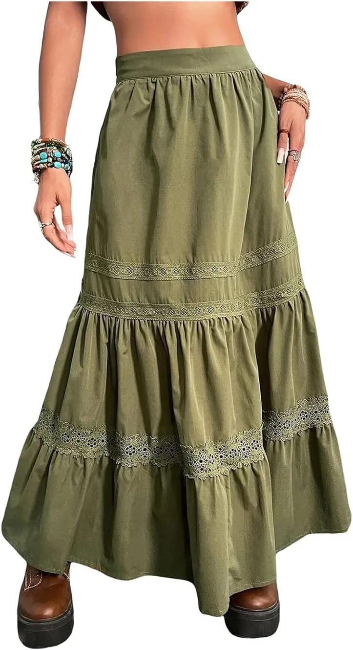 Falda Women's Lace Patchwork A Line Midi Skirt Summer Vintage Elastic High Waist Ruffle Lace Trim Tiered Flowy Long Maxi Skirt Casual