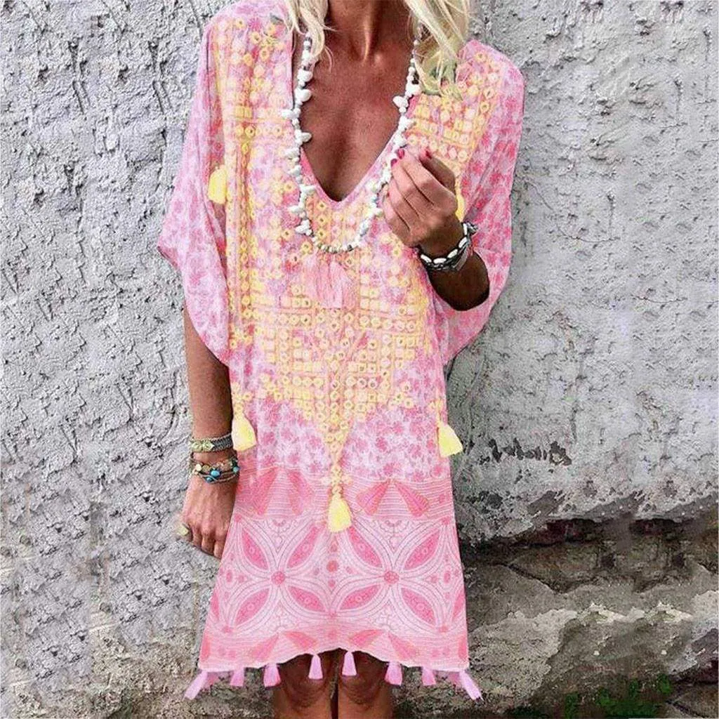 FashionSierra - Ladies Casual Loose Mini Shirt Beach Dress Sundress