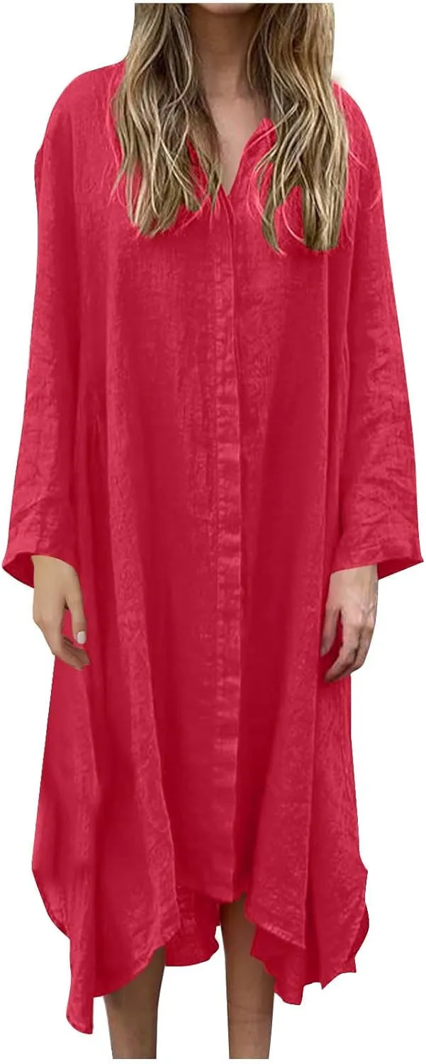 Finelylove Womens Summer Maxi Dresses 2025 Long Sleeve Button Down Shirt Dress Plus Size Cotton Linen Beach Vacation Dress