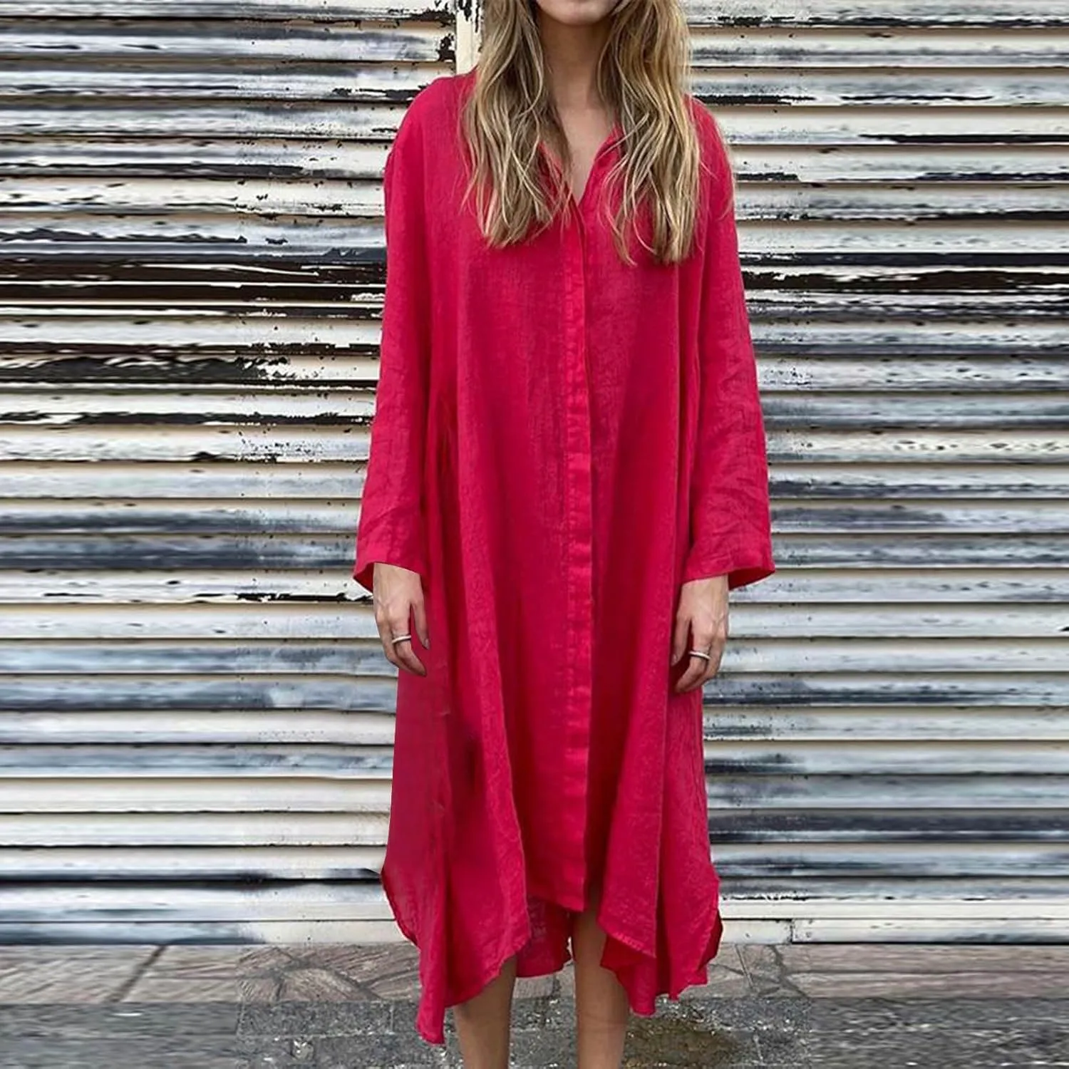 Finelylove Womens Summer Maxi Dresses 2025 Long Sleeve Button Down Shirt Dress Plus Size Cotton Linen Beach Vacation Dress