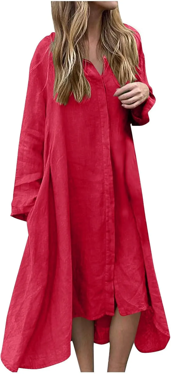 Finelylove Womens Summer Maxi Dresses 2025 Long Sleeve Button Down Shirt Dress Plus Size Cotton Linen Beach Vacation Dress