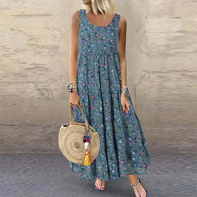 Floral Sleeveless Round Neck Boho Sundress (4XL 5XL)