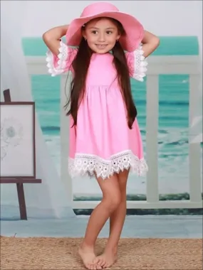 Girls Pink A-Line Scallop Crochet Boho Sleeves Dress