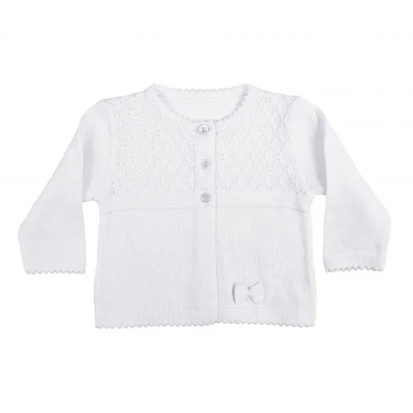 Girls White 100% Cotton Cardigan with Diamond Knit Bodice and Rosebud Trim