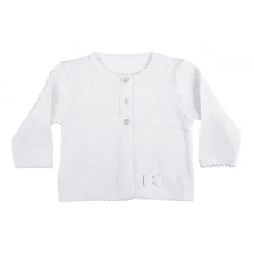 Girls White 100% Cotton Cardigan with Diamond Knit Bodice and Rosebud Trim