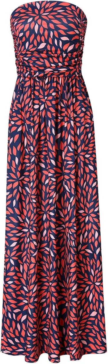 GloryStar Women Strapless Floral Print Bohemian Boho Maxi Dress Casual Off Shoulder Beach Party Dress with Pockets (M, A-Red Geometric Print)