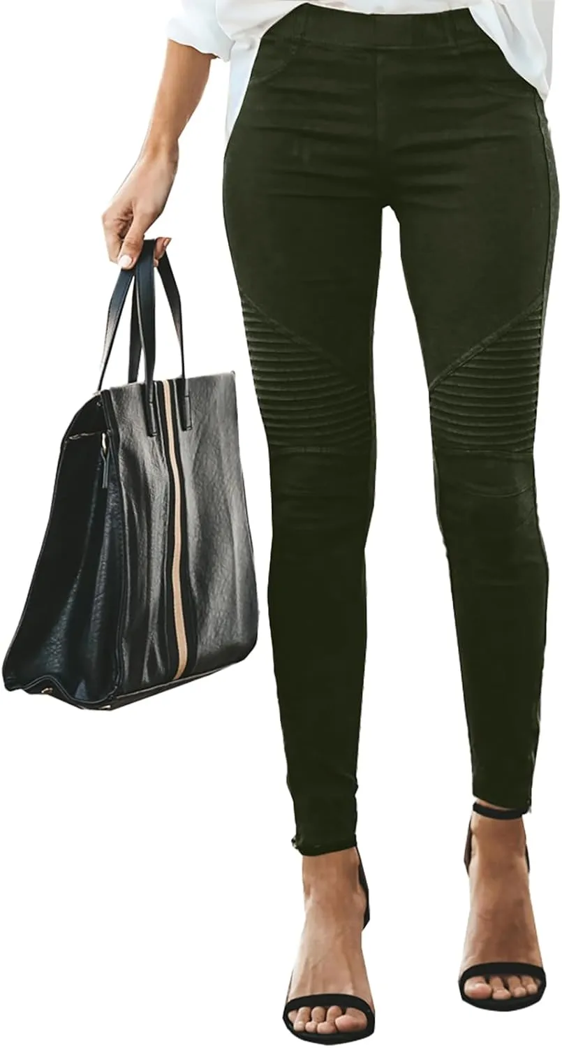 Gumipy Women's Stretch Pants Striped Decoration Slim Leg Dressy Trousers Trendy Skinny Straight Leg Pants with Pockets