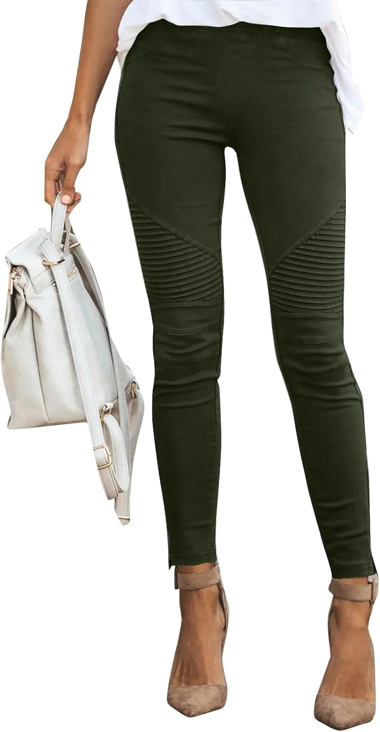 Gumipy Women's Stretch Pants Striped Decoration Slim Leg Dressy Trousers Trendy Skinny Straight Leg Pants with Pockets