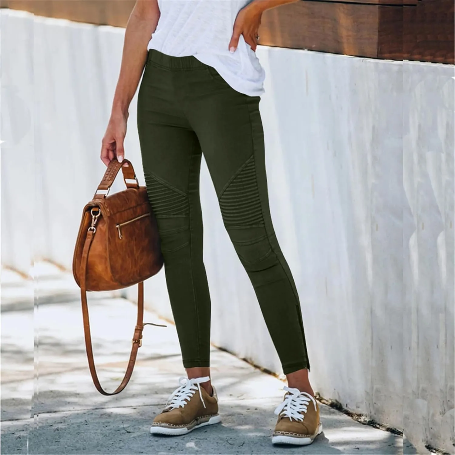 Gumipy Women's Stretch Pants Striped Decoration Slim Leg Dressy Trousers Trendy Skinny Straight Leg Pants with Pockets