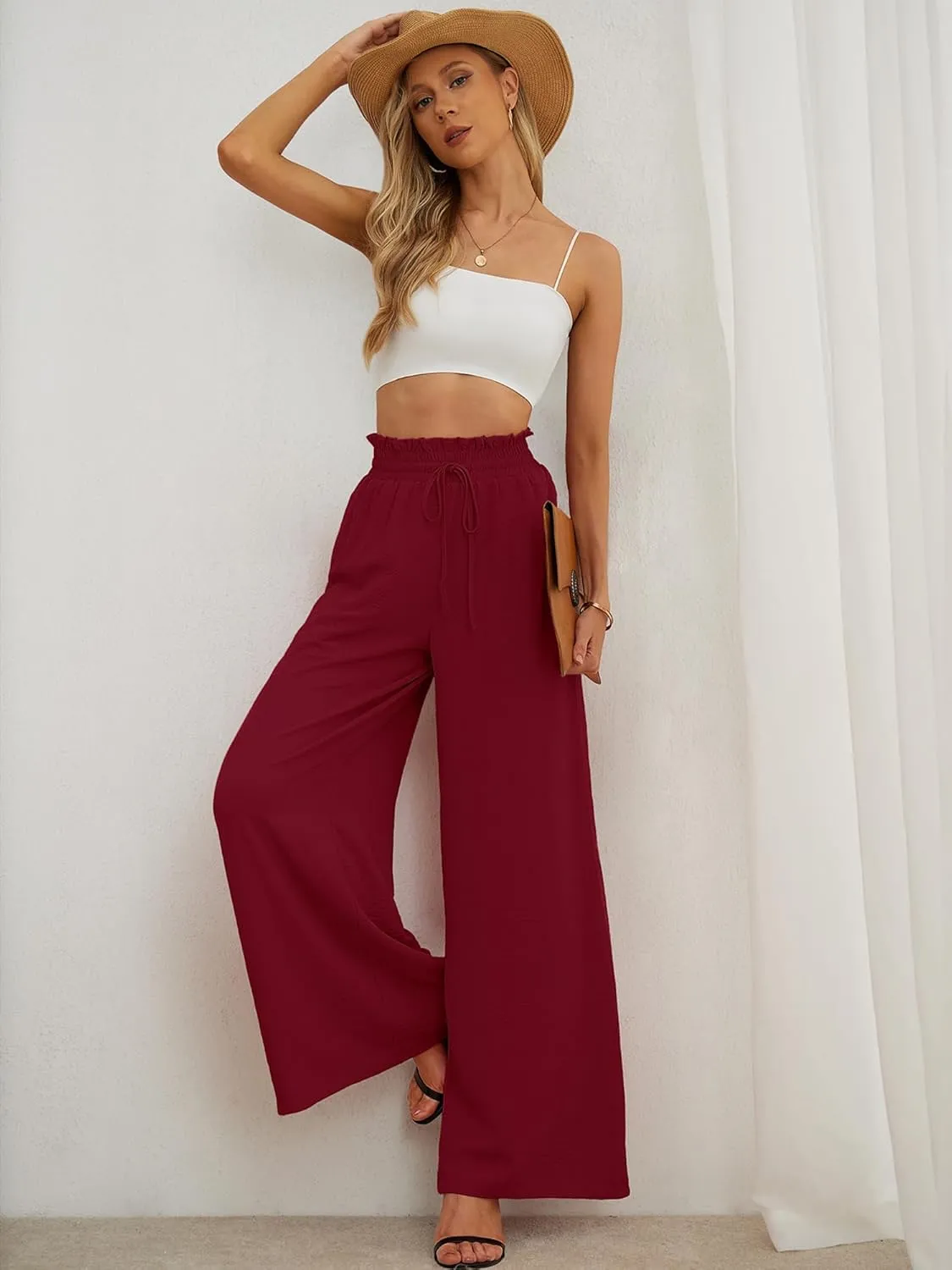 Heymoments Women's Wide Leg Lounge Pants Lightweight High Waisted Adjustable Tie Knot Loose Trousers with Pockets
