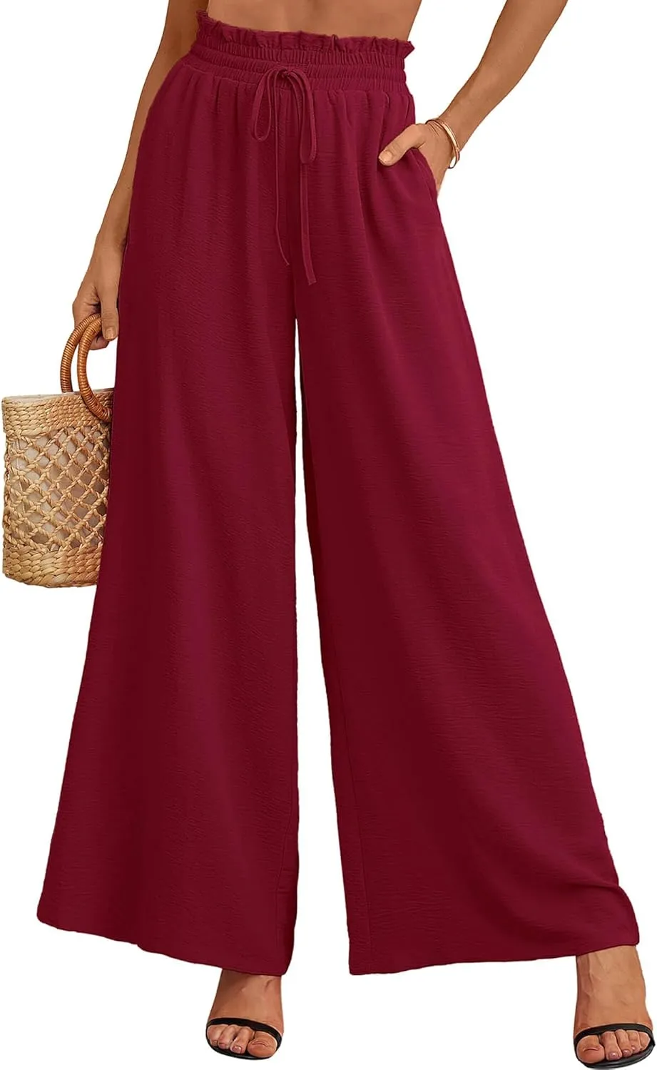 Heymoments Women's Wide Leg Lounge Pants Lightweight High Waisted Adjustable Tie Knot Loose Trousers with Pockets