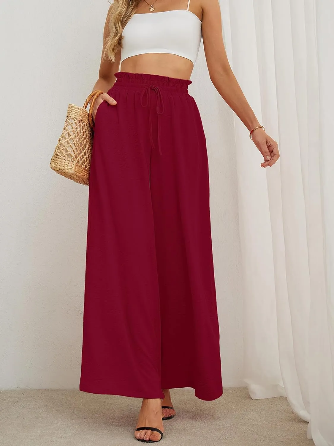 Heymoments Women's Wide Leg Lounge Pants Lightweight High Waisted Adjustable Tie Knot Loose Trousers with Pockets