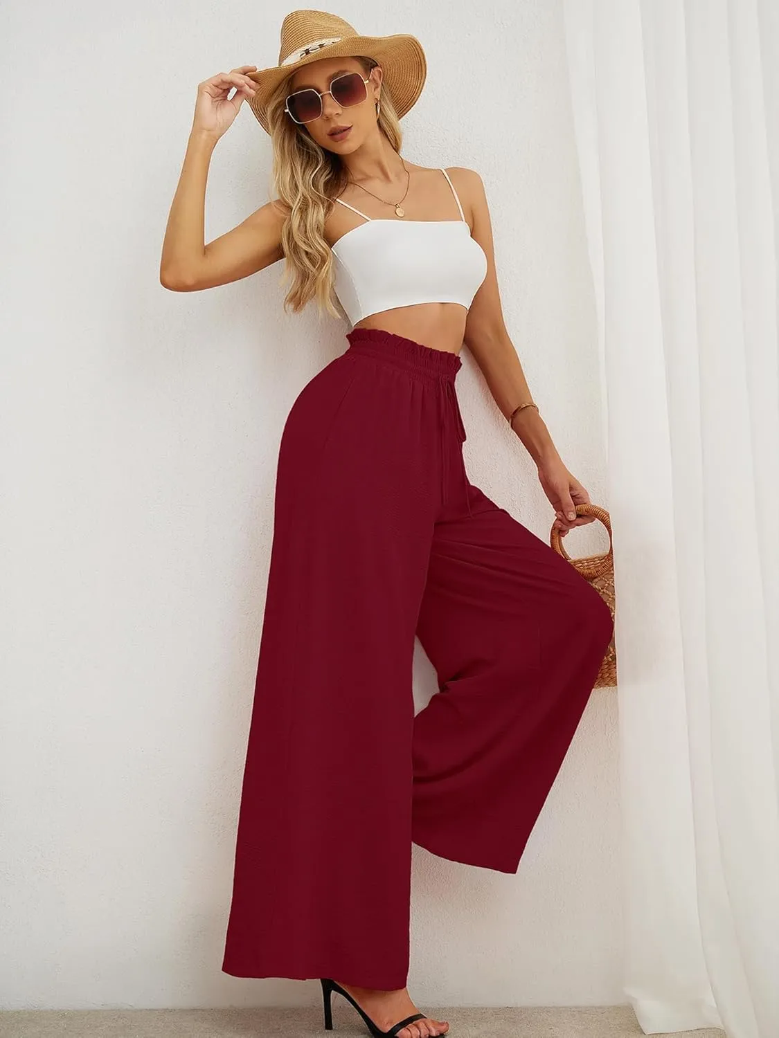Heymoments Women's Wide Leg Lounge Pants Lightweight High Waisted Adjustable Tie Knot Loose Trousers with Pockets