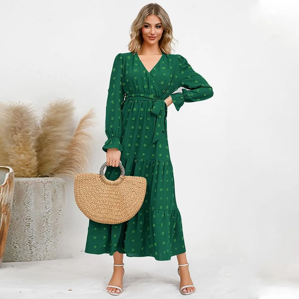 IDOPIP Long Sleeve Swiss Dot Dress for Women Tiered Maxi Dress with Belt Casual A Line Flowy Dress Fall Wedding Guest Outfit