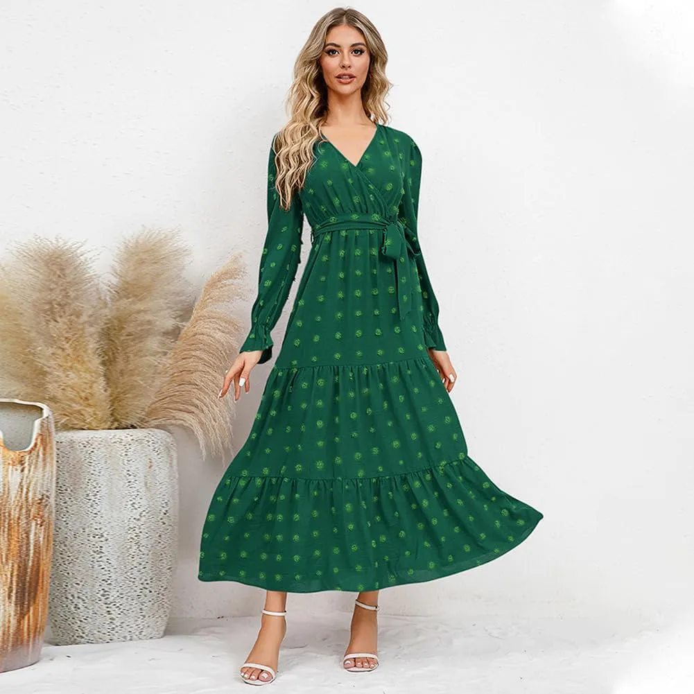 IDOPIP Long Sleeve Swiss Dot Dress for Women Tiered Maxi Dress with Belt Casual A Line Flowy Dress Fall Wedding Guest Outfit