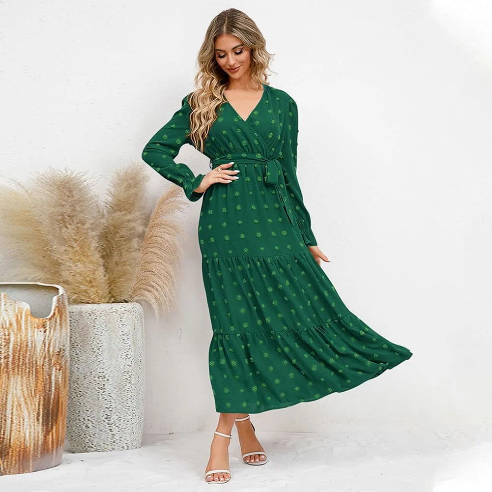 IDOPIP Long Sleeve Swiss Dot Dress for Women Tiered Maxi Dress with Belt Casual A Line Flowy Dress Fall Wedding Guest Outfit