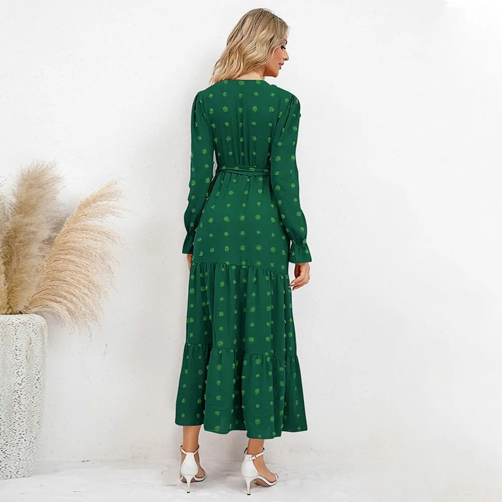 IDOPIP Long Sleeve Swiss Dot Dress for Women Tiered Maxi Dress with Belt Casual A Line Flowy Dress Fall Wedding Guest Outfit