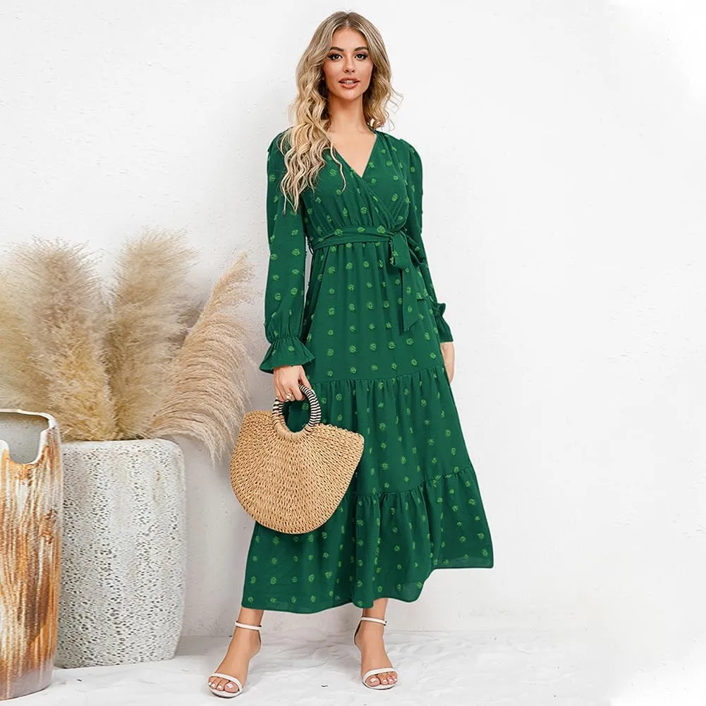 IDOPIP Long Sleeve Swiss Dot Dress for Women Tiered Maxi Dress with Belt Casual A Line Flowy Dress Fall Wedding Guest Outfit