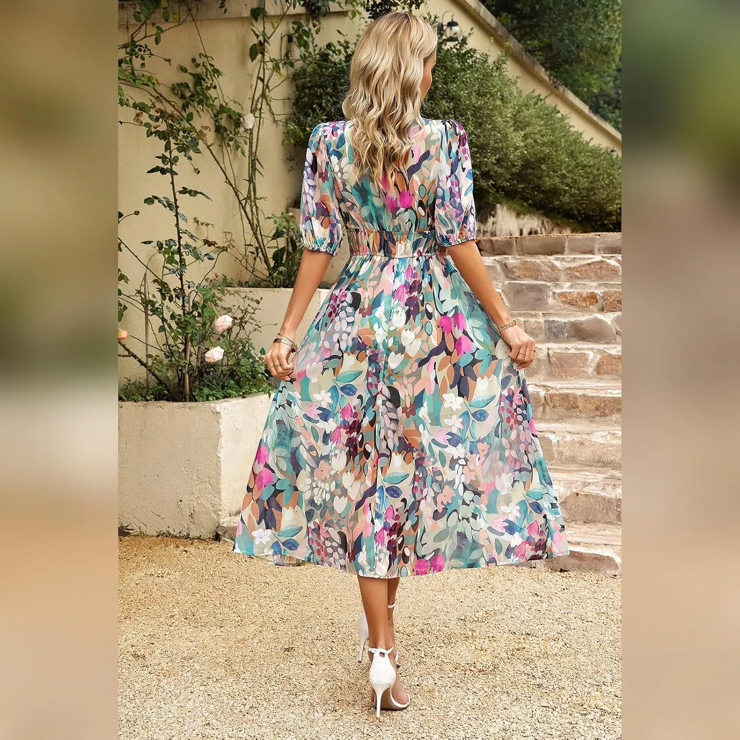 IDOPIP Women Elegant Floral Print Midi Dress Empire Waist Chiffon Dress Summer Boho Flowy Sundress Casual Ruffle Maxi Dress