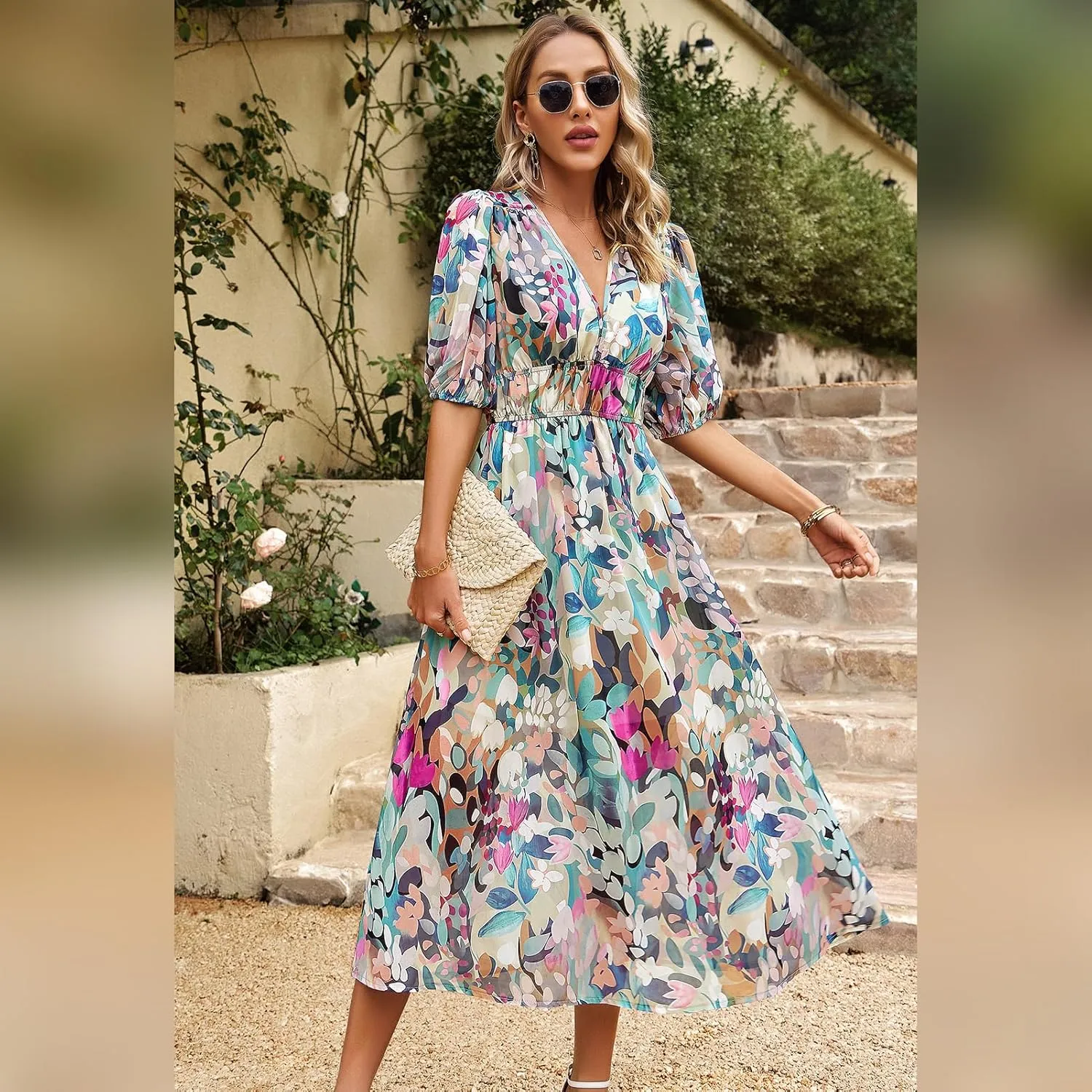 IDOPIP Women Elegant Floral Print Midi Dress Empire Waist Chiffon Dress Summer Boho Flowy Sundress Casual Ruffle Maxi Dress