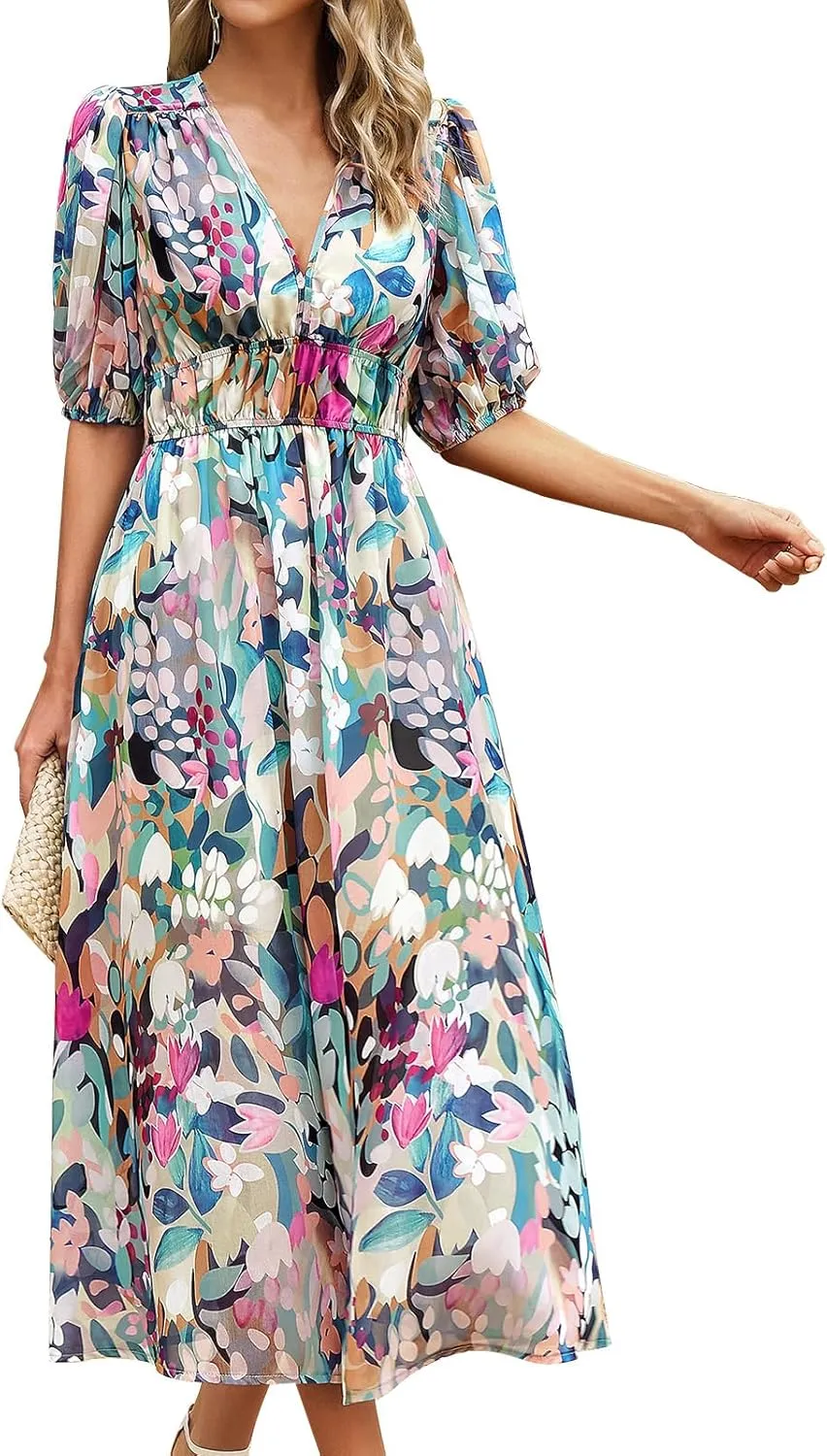 IDOPIP Women Elegant Floral Print Midi Dress Empire Waist Chiffon Dress Summer Boho Flowy Sundress Casual Ruffle Maxi Dress