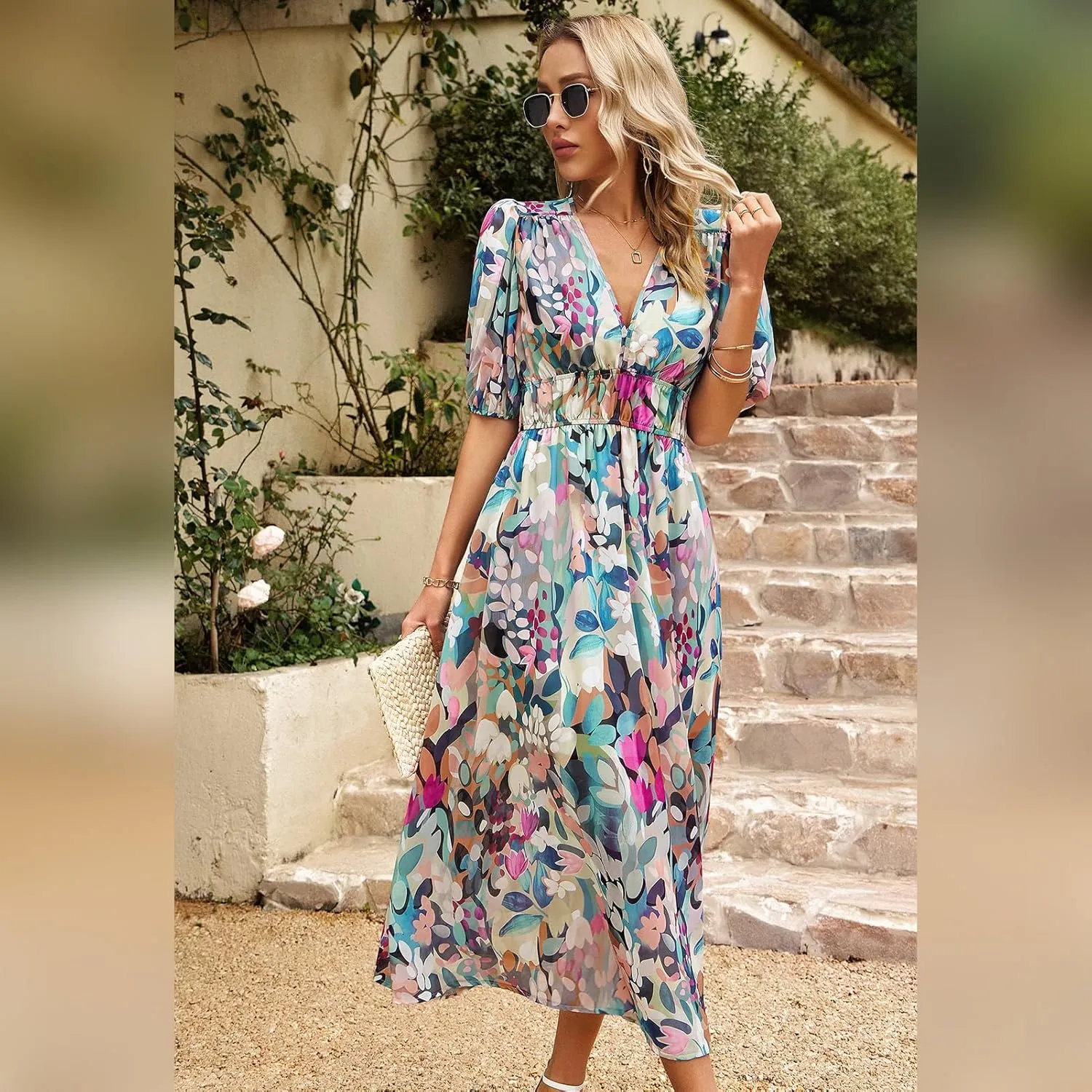 IDOPIP Women Elegant Floral Print Midi Dress Empire Waist Chiffon Dress Summer Boho Flowy Sundress Casual Ruffle Maxi Dress