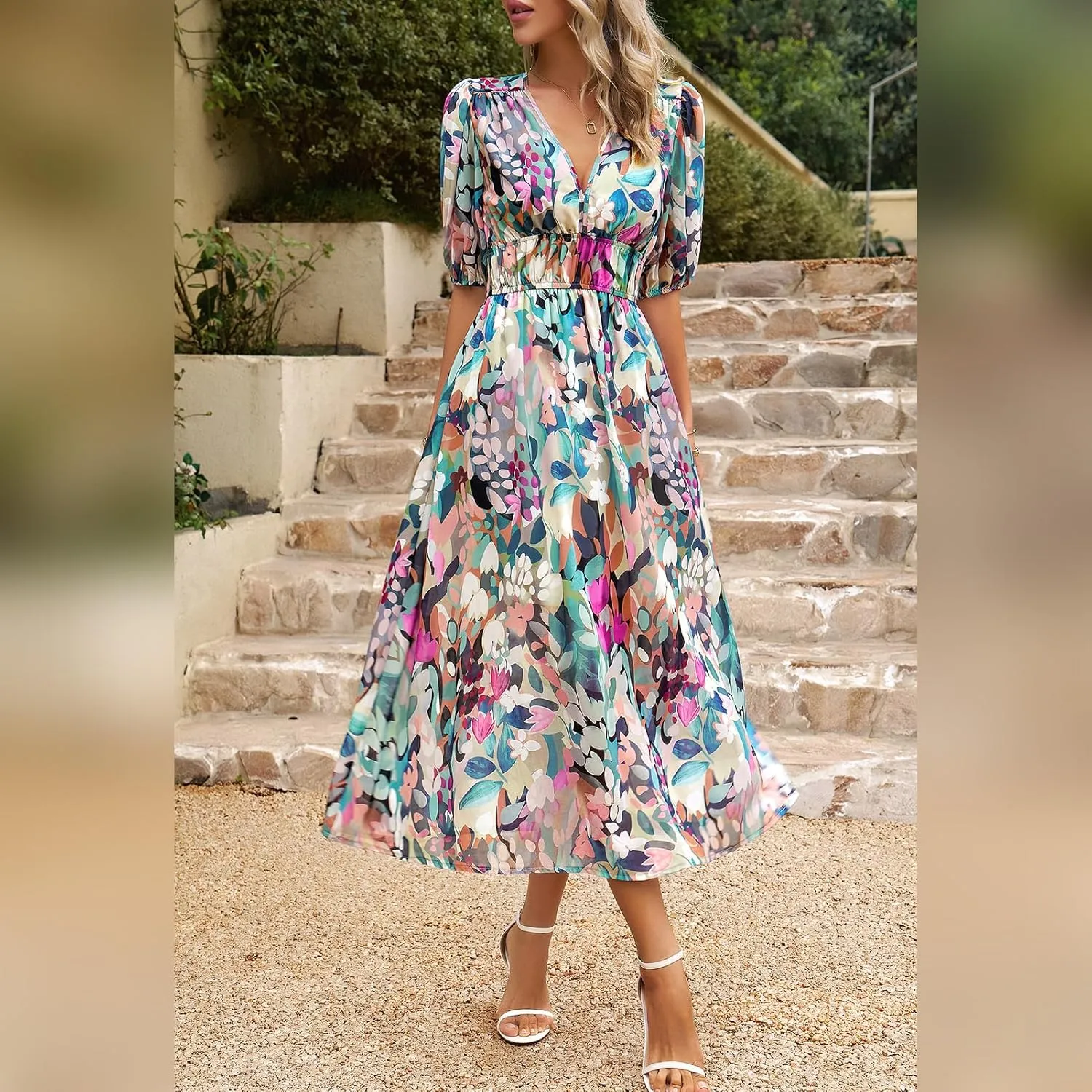 IDOPIP Women Elegant Floral Print Midi Dress Empire Waist Chiffon Dress Summer Boho Flowy Sundress Casual Ruffle Maxi Dress