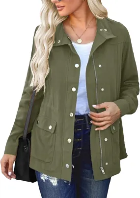 JEKE-DG Women's Military Stylish Long Sleeve Jacket Lightweight Zip Up Outdoor Jacket Coat Solid Trendy Field Safari Jackets