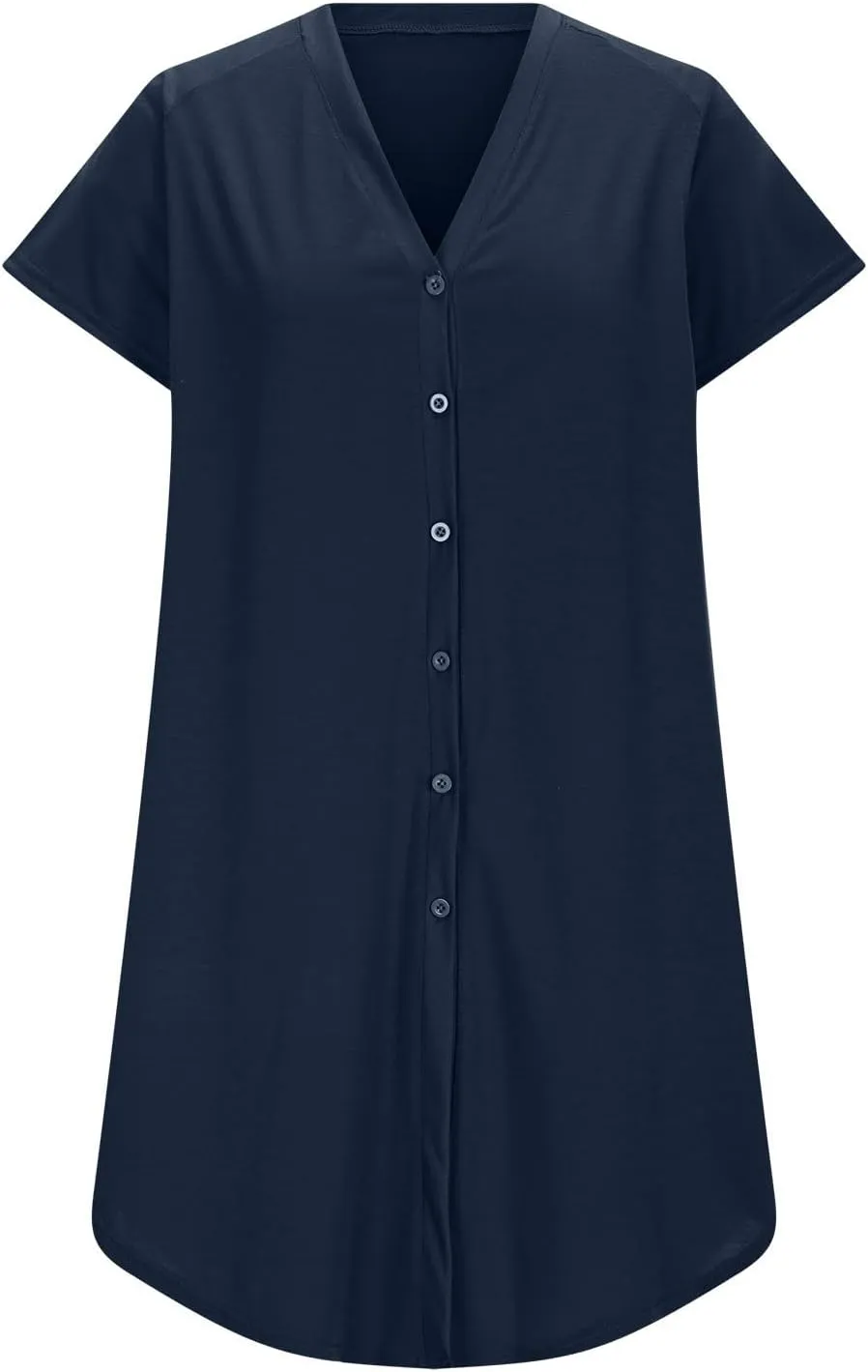 jsaierl Women's Button Down V Neck Shirts Dress Casual Loose Solid Basic T Shirt Dress Summer Short Sleeve Shift Dress