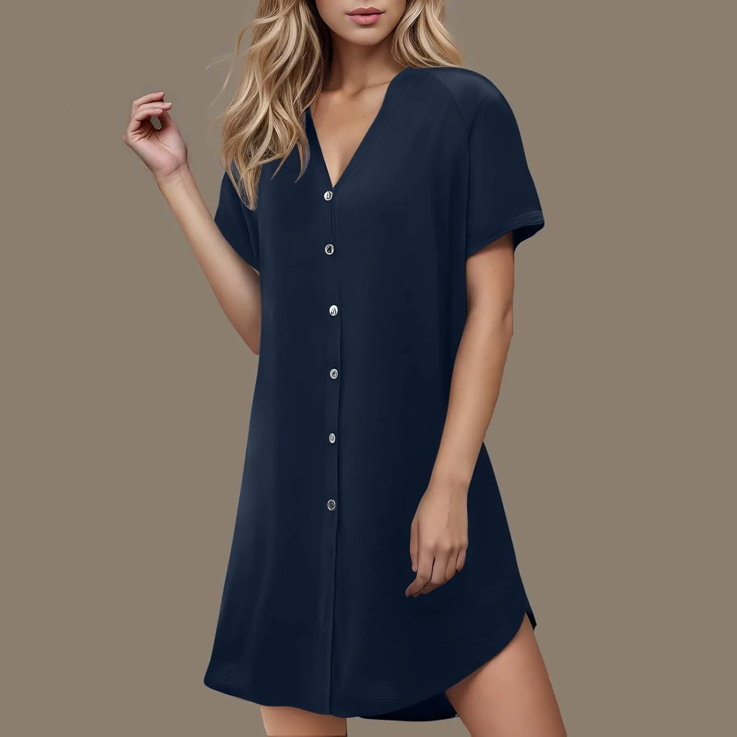 jsaierl Women's Button Down V Neck Shirts Dress Casual Loose Solid Basic T Shirt Dress Summer Short Sleeve Shift Dress