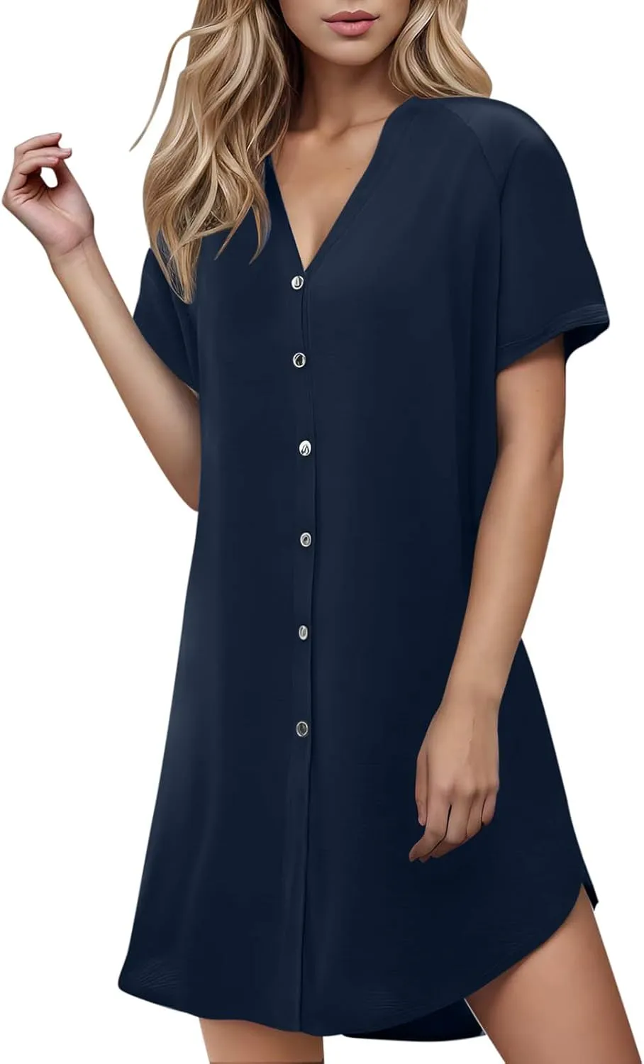 jsaierl Women's Button Down V Neck Shirts Dress Casual Loose Solid Basic T Shirt Dress Summer Short Sleeve Shift Dress