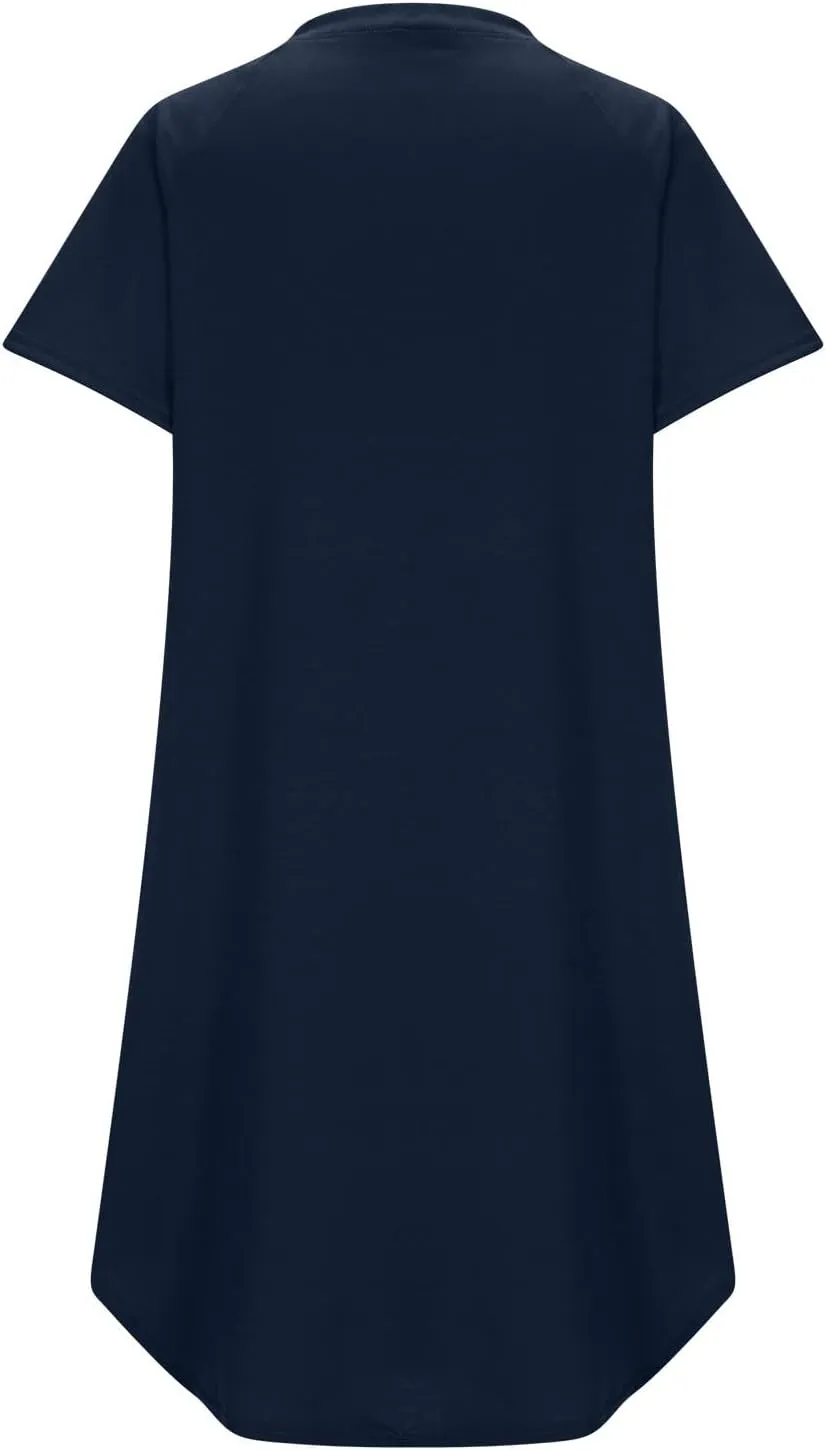 jsaierl Women's Button Down V Neck Shirts Dress Casual Loose Solid Basic T Shirt Dress Summer Short Sleeve Shift Dress