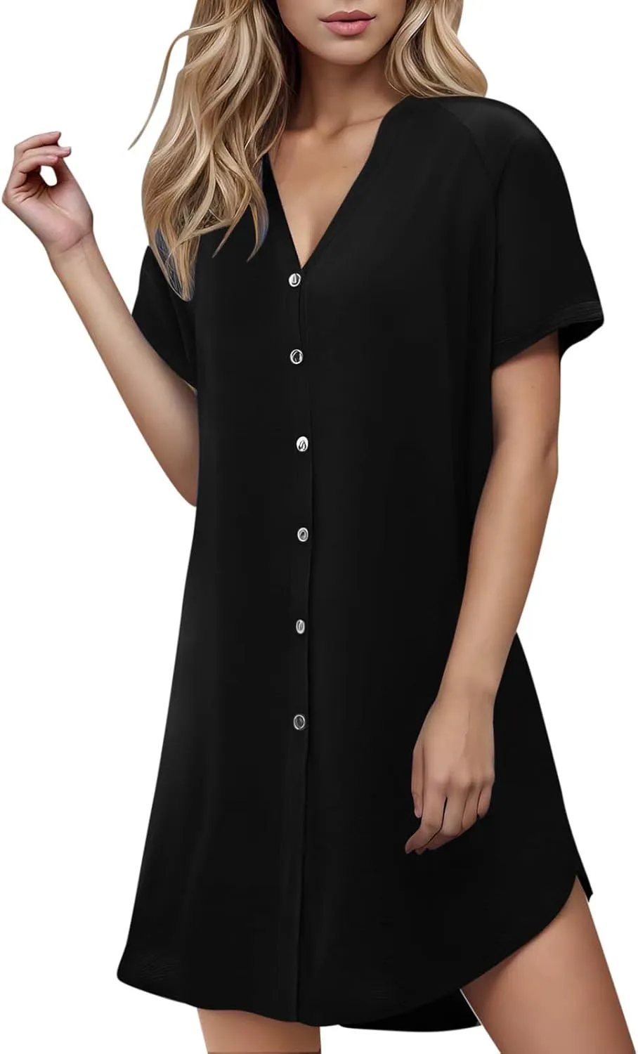 jsaierl Women's Button Down V Neck Shirts Dress Casual Loose Solid Basic T Shirt Dress Summer Short Sleeve Shift Dress