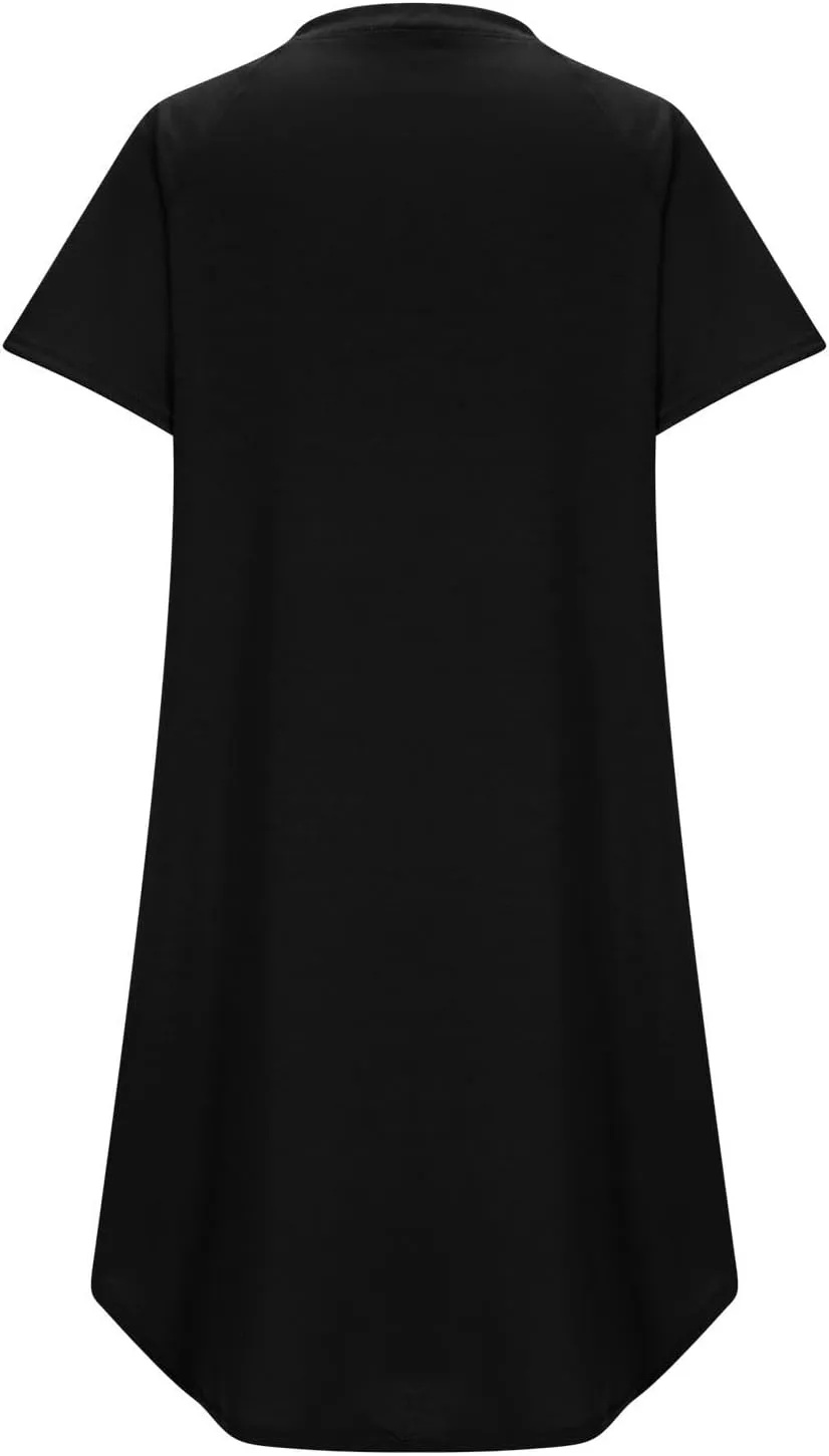 jsaierl Women's Button Down V Neck Shirts Dress Casual Loose Solid Basic T Shirt Dress Summer Short Sleeve Shift Dress