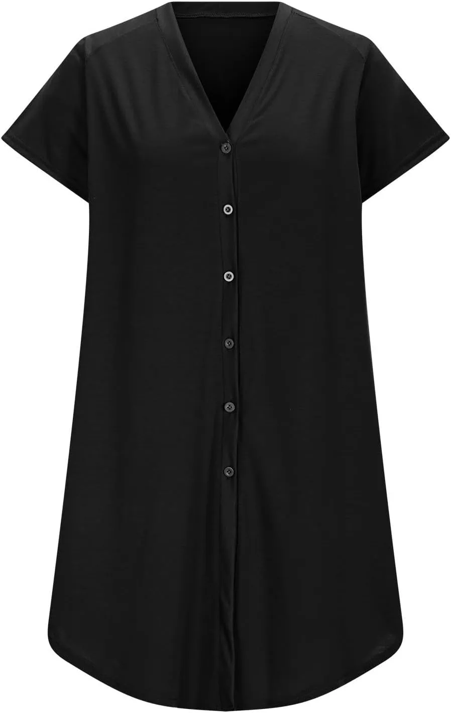 jsaierl Women's Button Down V Neck Shirts Dress Casual Loose Solid Basic T Shirt Dress Summer Short Sleeve Shift Dress