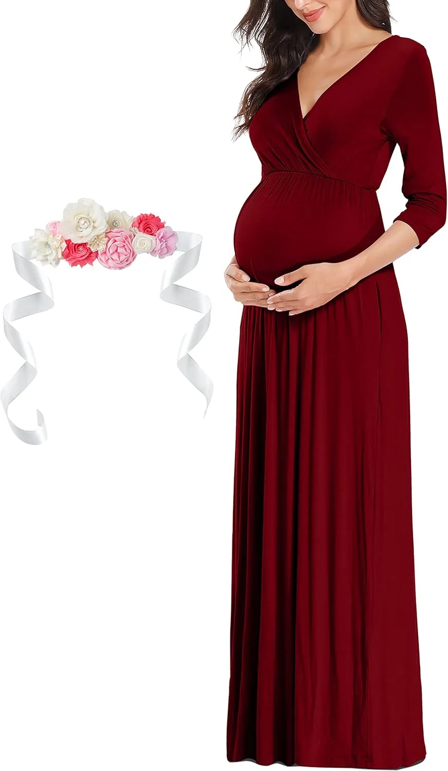 KIM S Maternity Maxi Dress with Flower Sash(S-3XL)/Wrapped Ruched V Neck Photoshoot Baby Shower Dresses