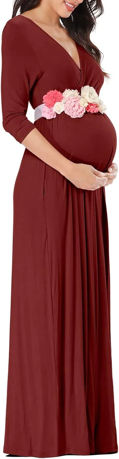 KIM S Maternity Maxi Dress with Flower Sash(S-3XL)/Wrapped Ruched V Neck Photoshoot Baby Shower Dresses